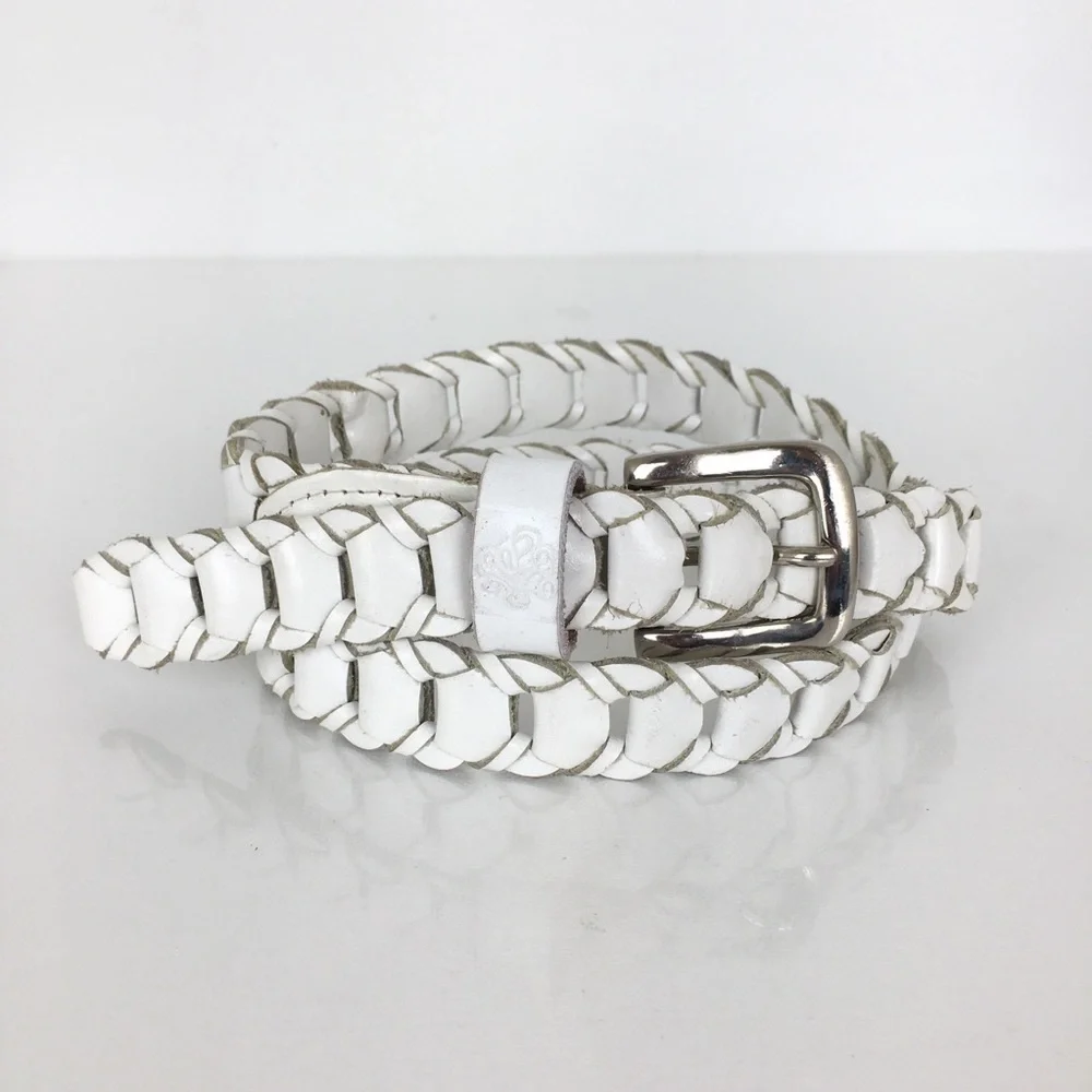 Women’s White Woven Leather Belt Silver Tone Buckle Preppy Coastal Cowgirl